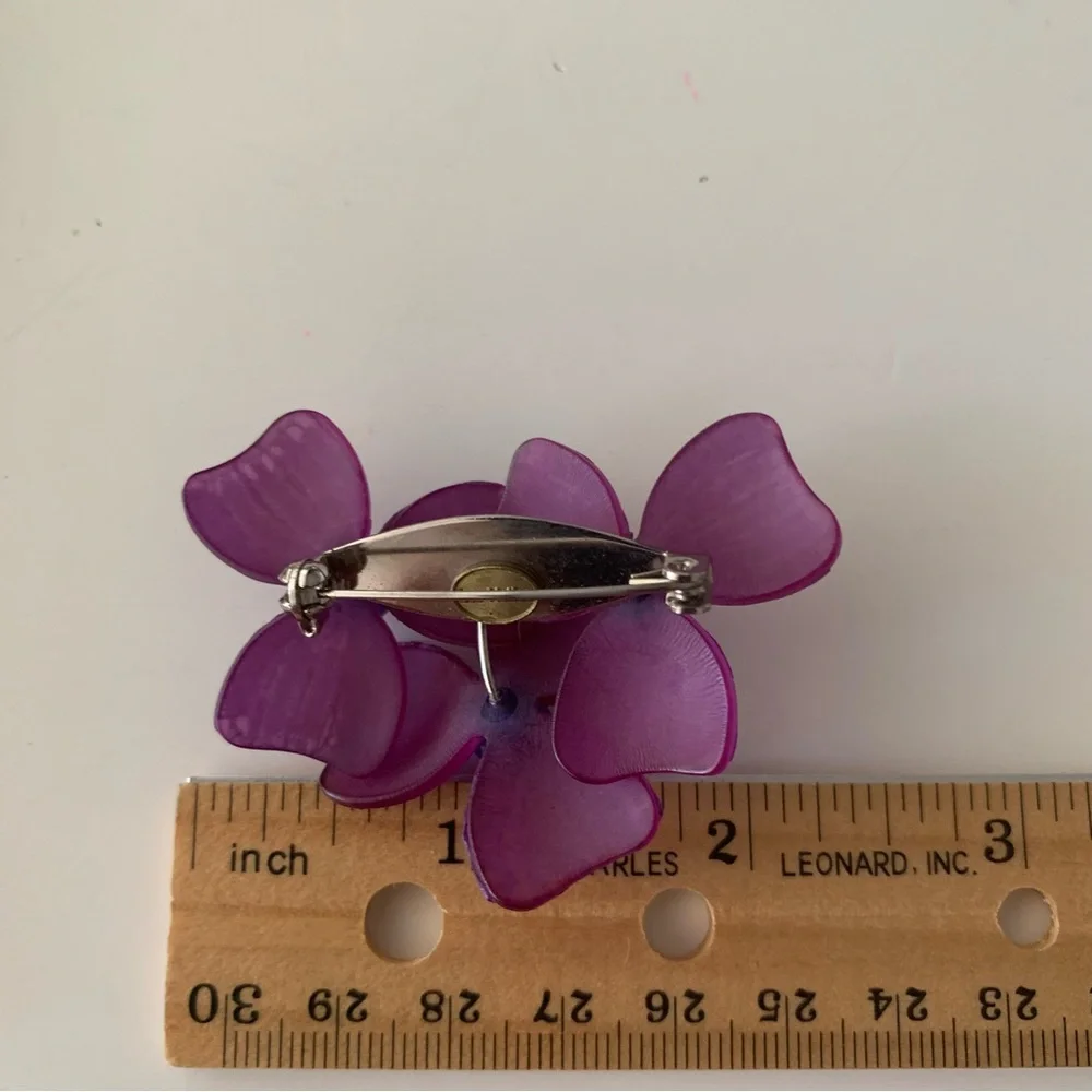 Les Halles Purple Lucite Floral Brooch Bold Statement Flower Pin Blue Accent